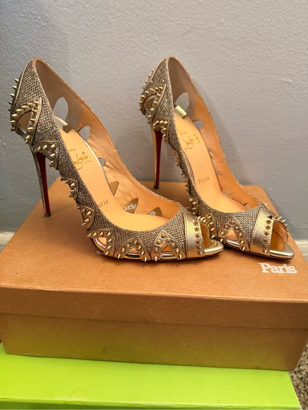 Christian Louboutin Metallic Gold Spike-Stud Peep-Toe Pumps